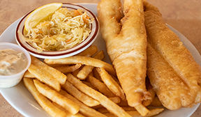 Overview plate of fish and chips with coleslaw and tartar sauce. 