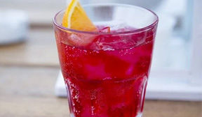 Glass of red juice with ice and lemon slice.